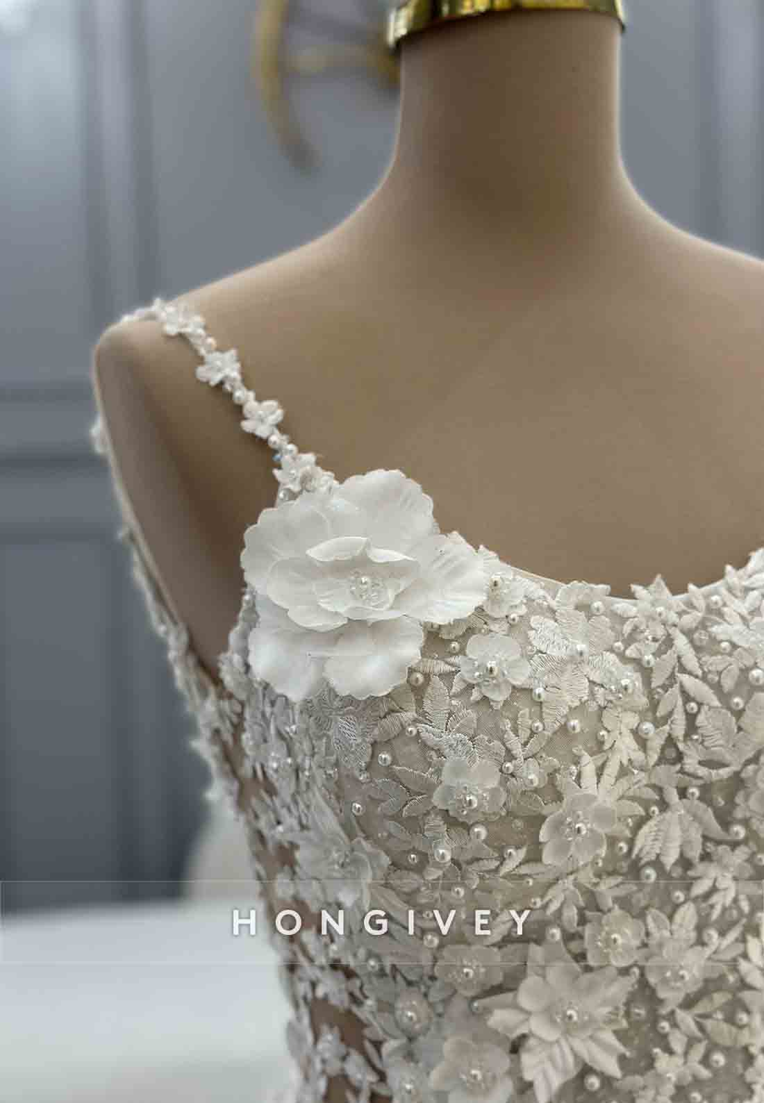 A-Line Sleeveless Flowers Tulle Beading Empire Court Train Wedding Dresses