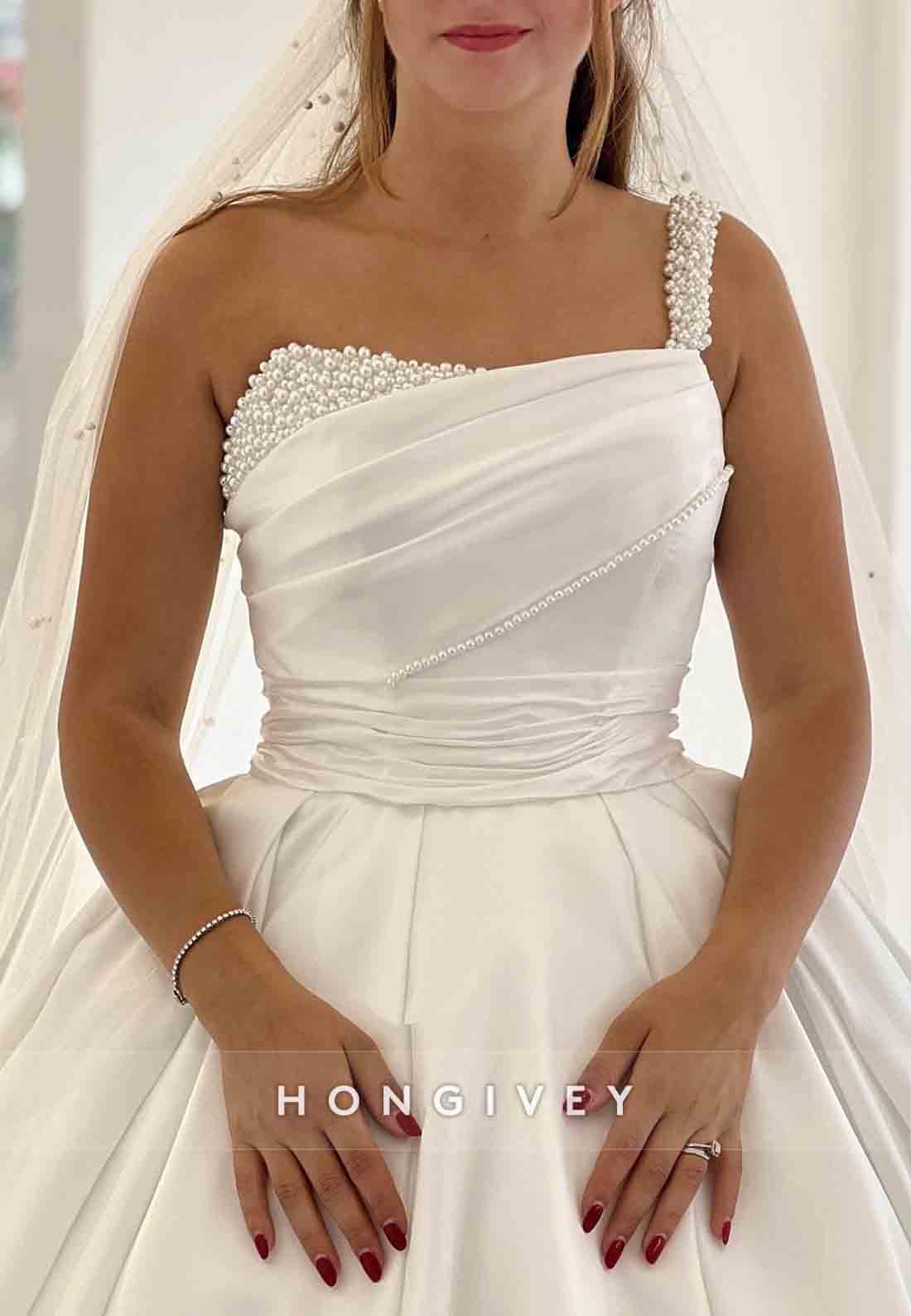 One Shoulder Sleeveless Satin Pearls Pleated Empire Court Train Wedding Dresses