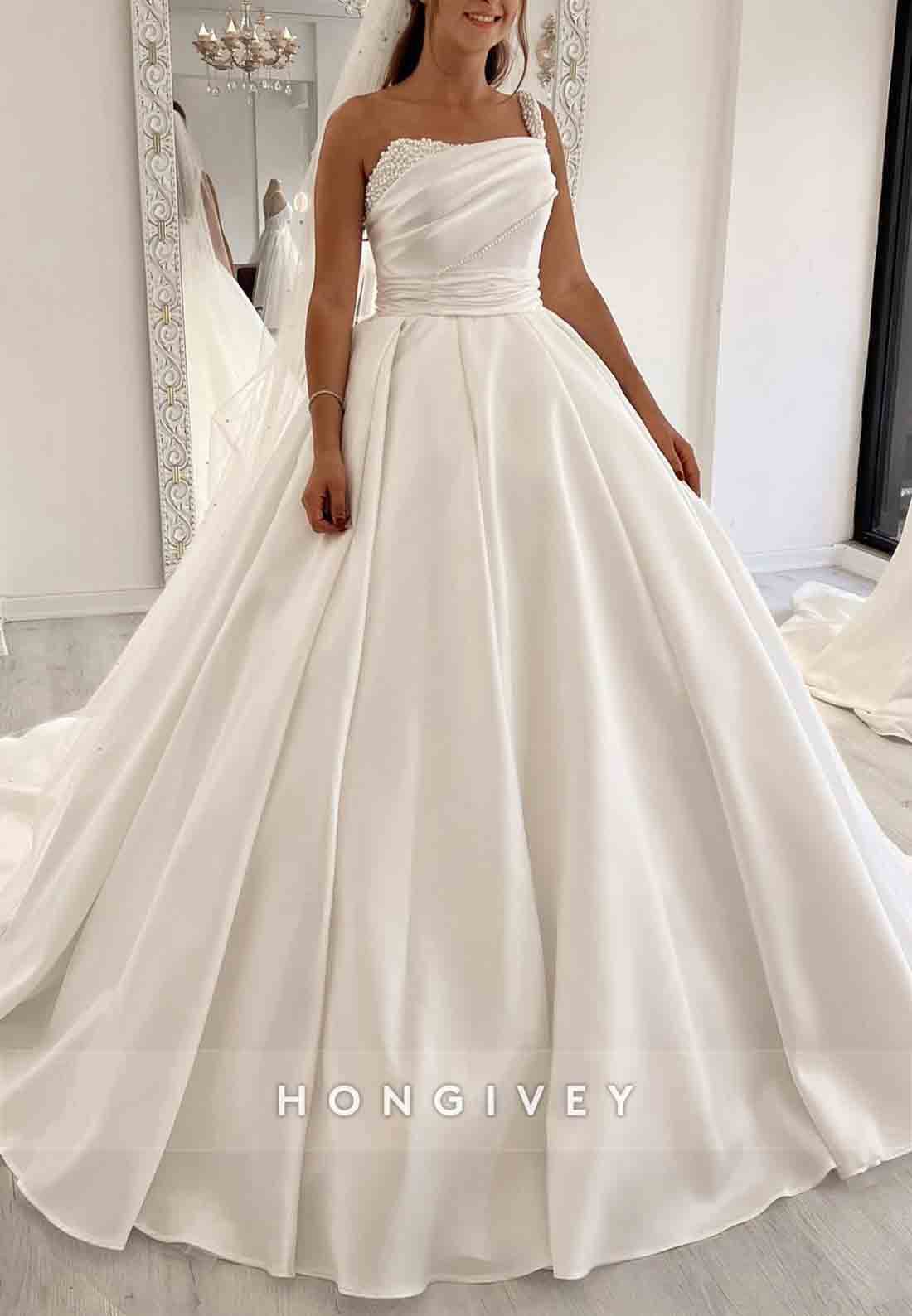 One Shoulder Sleeveless Satin Pearls Pleated Empire Court Train Wedding Dresses