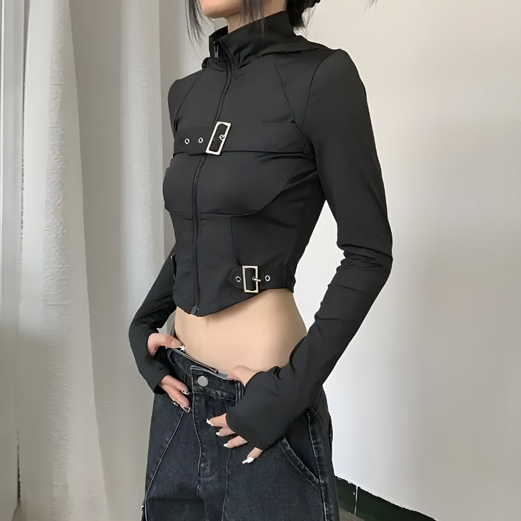 Cyberpunk Belted Zip-Up Crop Jacket 2