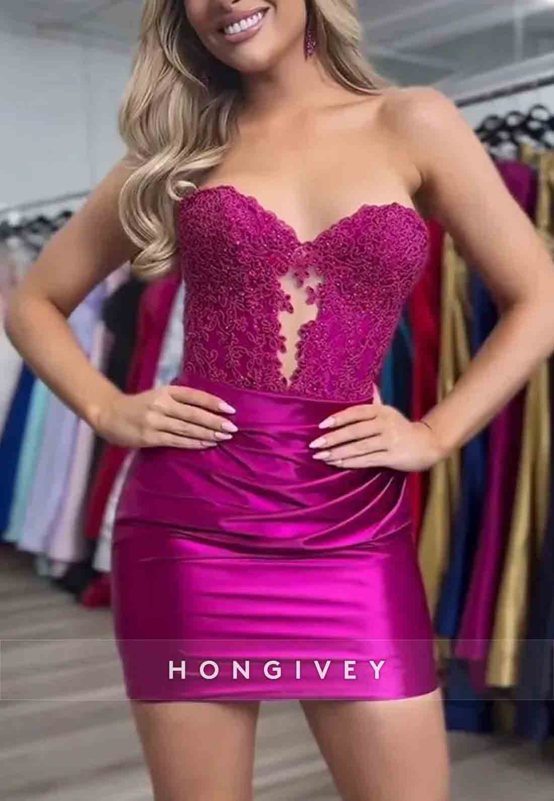 Strapless Sweetheart Sheath Pleated Appliqued Satin Mini Homecoming Dresses