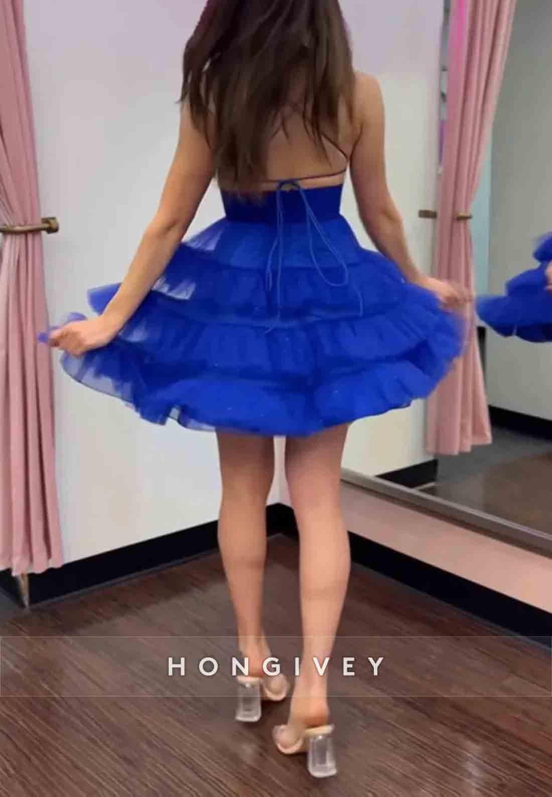 Spaghetti Straps V-Neck Ruched Sleeveless Tie Back Short Homecoming Dresses