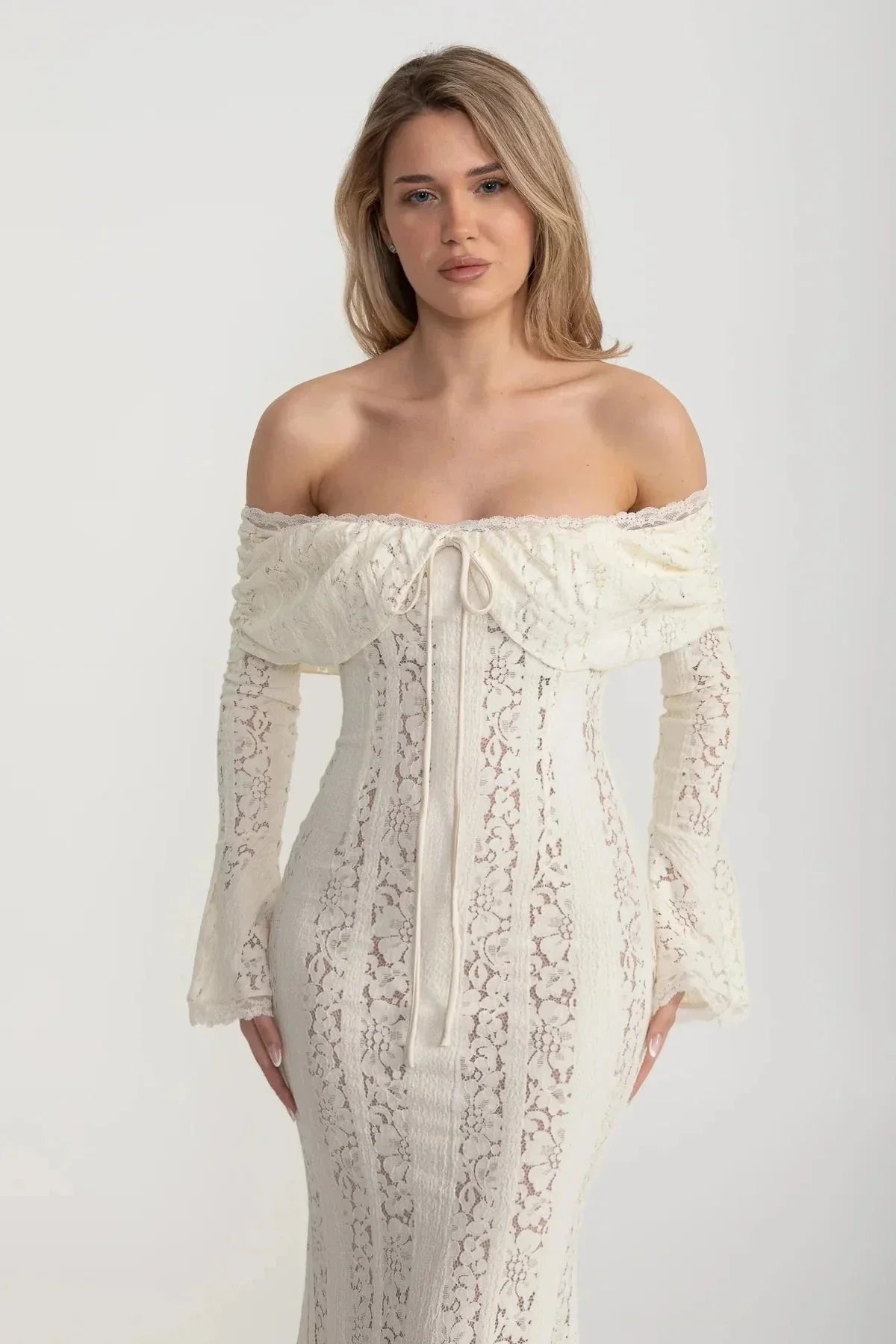 Lace Off Shoulder Lace Up Bodice Bell Sleeve Mermaid Maxi Gown - View 2