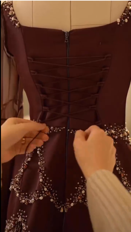 Gorgeous Brown Satin Chiffon Beaded Mermaid Prom Dress Long Party Gown D889