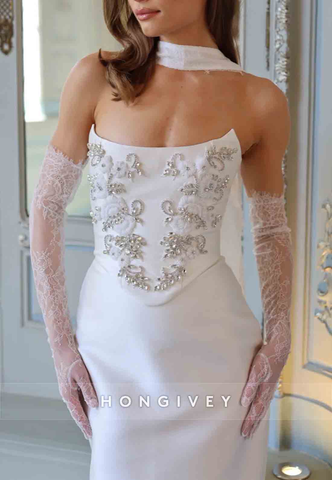 Strapless Crisscross Back Lace Sleeves Appliqued Column Wedding Dressesaa