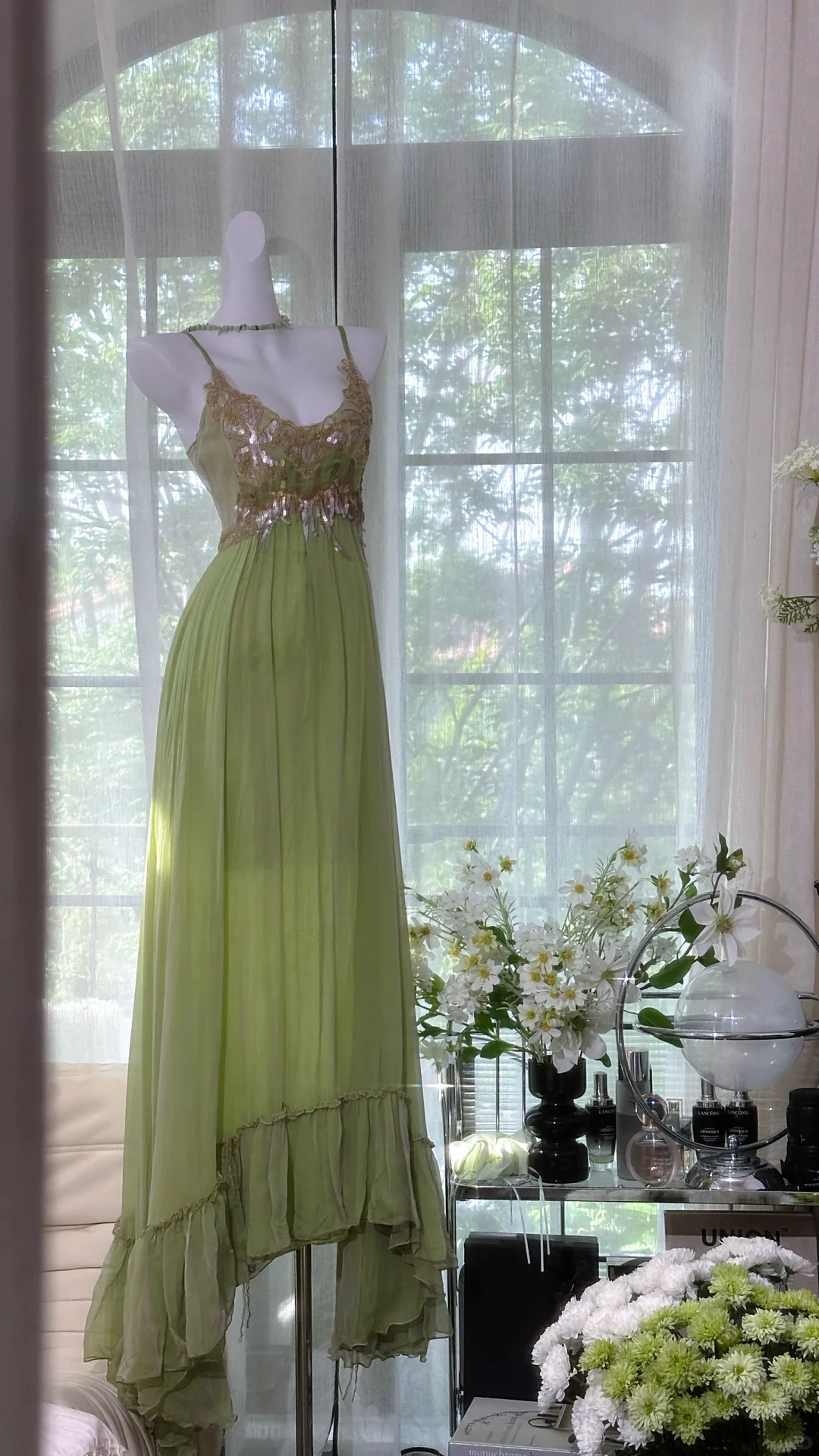 Elegant Spaghetti Straps Green Chiffon Sequin Mermaid Prom Dress Long Birthday Party Dress D1248