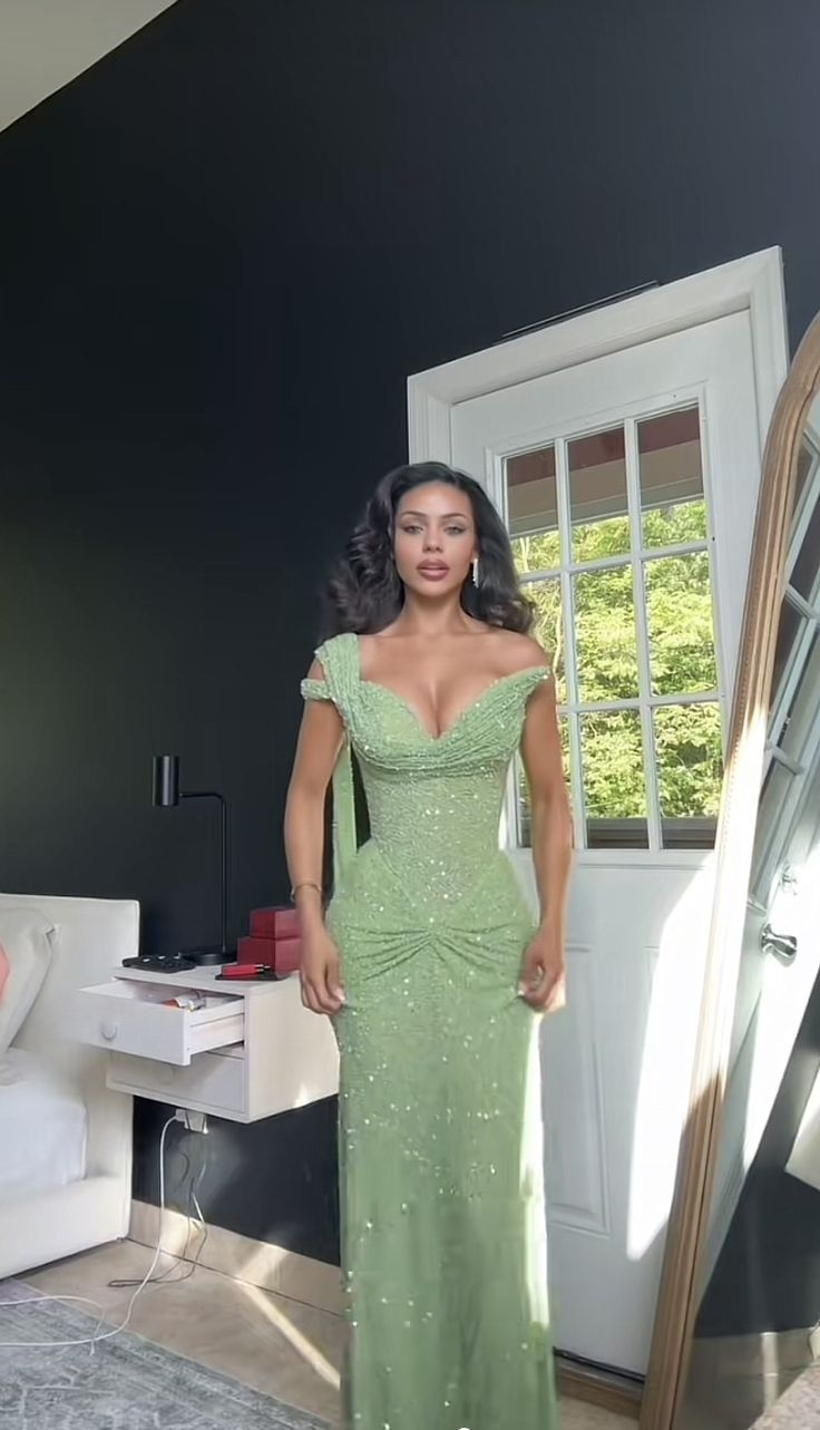 Glitter Mint Green Sequin One Shoulder Mermaid Prom Dress Side Slit Long Party Dress D914