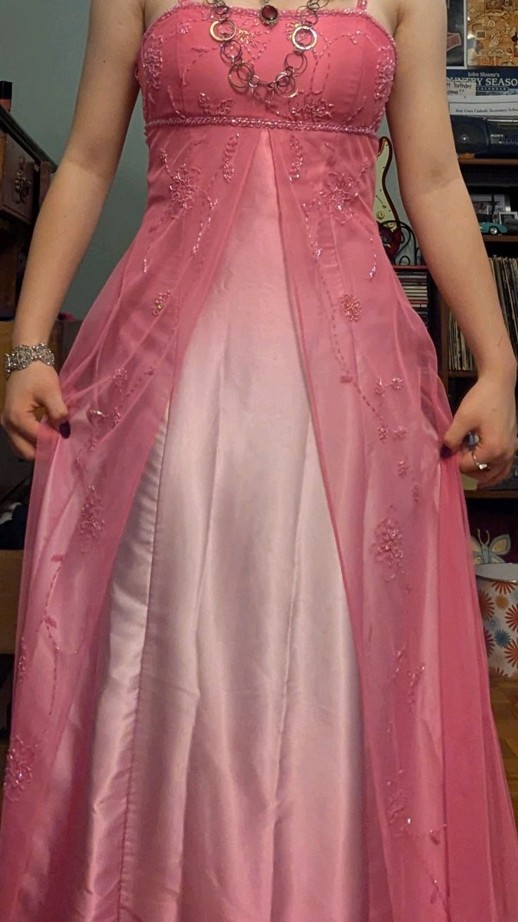 Elegant Spaghetti Straps Ombre Pink Satin Beaded Long Party Dress Formal Evening Dress D1535