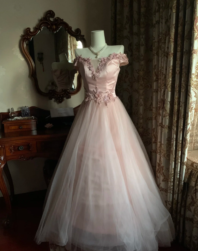 Sweet Pink Off The Shoulder Satin Tulle Appliques Long Birthday Party Dress Prom Gown D1748
