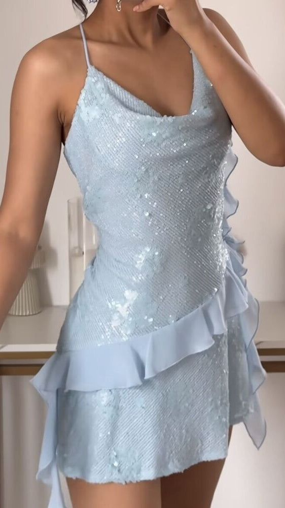 Cute Blue Halter Sequin Chiffon Ruffles Short Birthday Outfits Formal 8th Grade Homecoming Dress D170