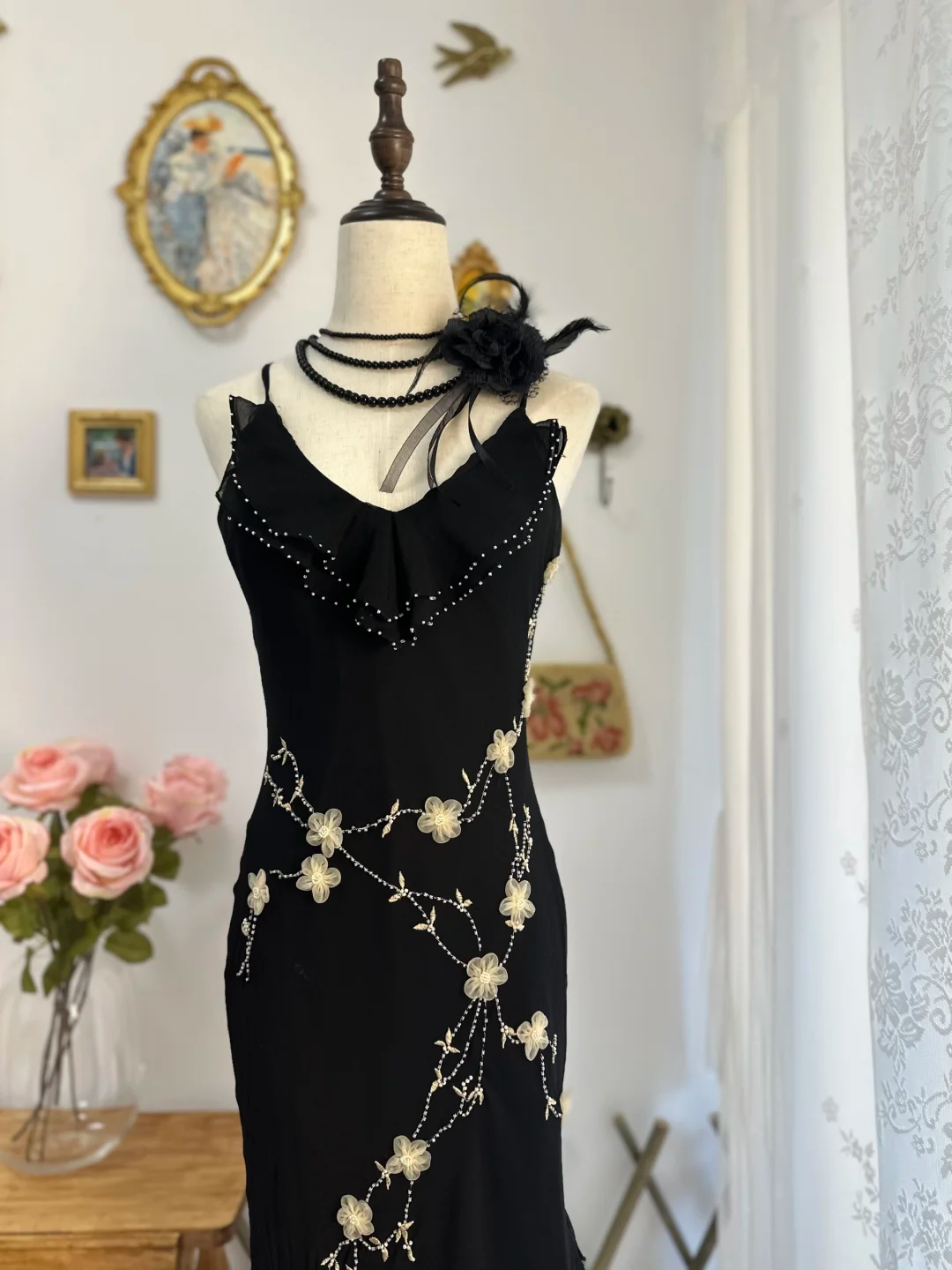 Classy Black Chiffon Beaded Appliques Long Party Gown Formal Evening Dress D560