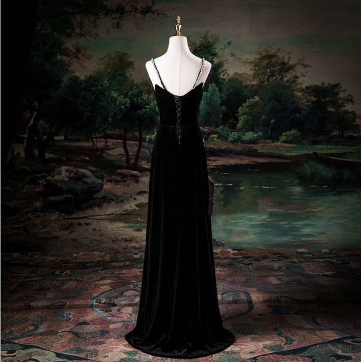 Elegant Black Velvet Spaghetti Straps Slit Beaded Mermaid Evening Dress Long Birthday Party Gown D1559