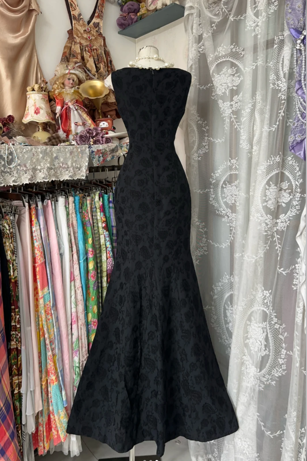 Classy Black Sleeveless Satin Print Floral Mermaid Evening Dress Long Prom Dresses D1621