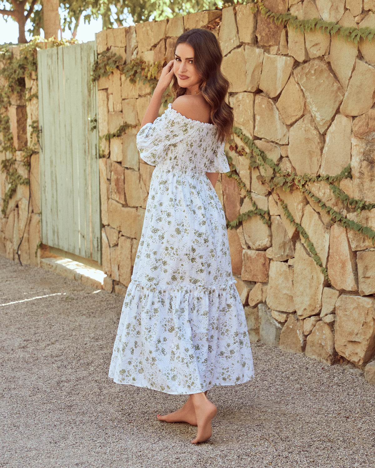 Dasha Cotton Floral Off The Shoulder Maxi Dress - Sage - FINAL SALE