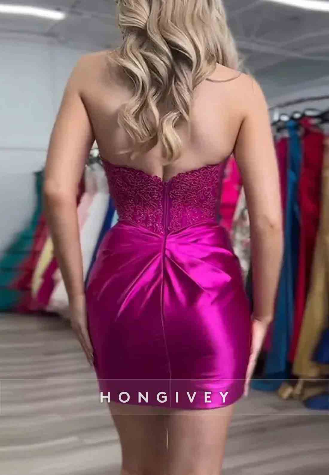 Strapless Sweetheart Sheath Pleated Appliqued Satin Mini Homecoming Dresses