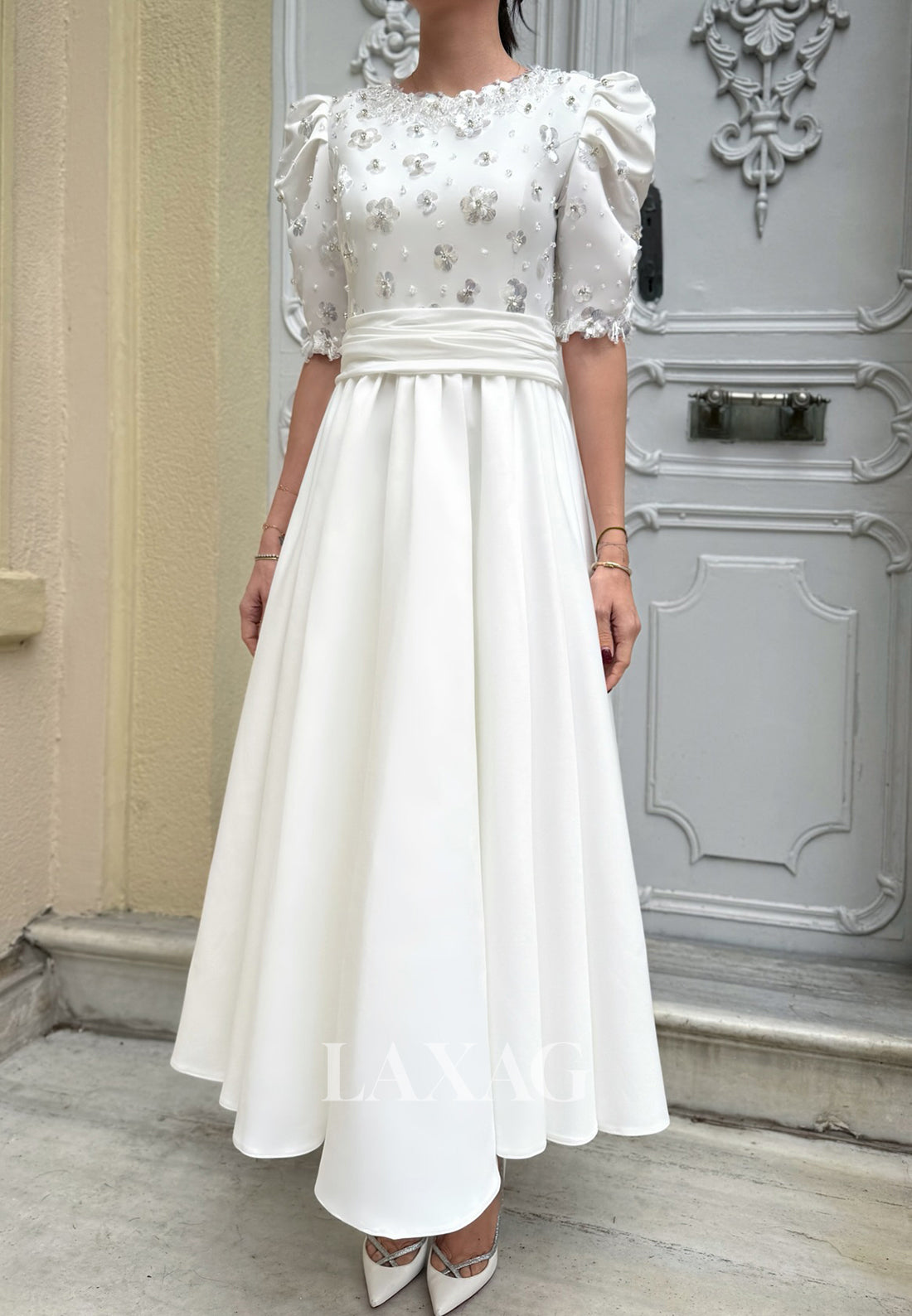 Half-Sleeves Scoop-Neck Sequined Floral Embellished Ankle-Length A-Line Wedding Dress