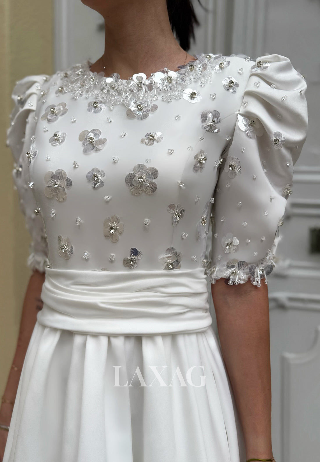 Half-Sleeves Scoop-Neck Sequined Floral Embellished Ankle-Length A-Line Wedding Dress