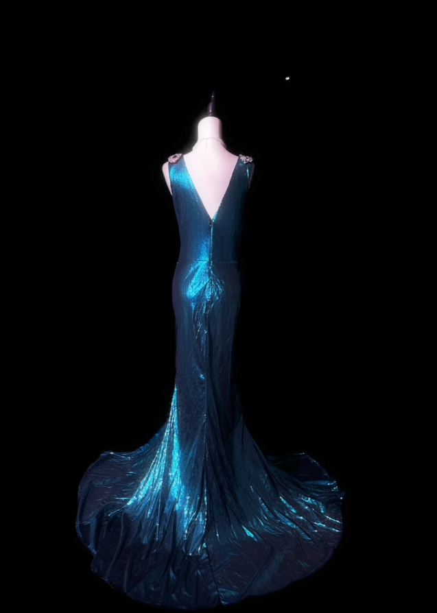 Charming V Neck Blue Satin Beaded Mermaid Evening Dress Long Party Dress D983