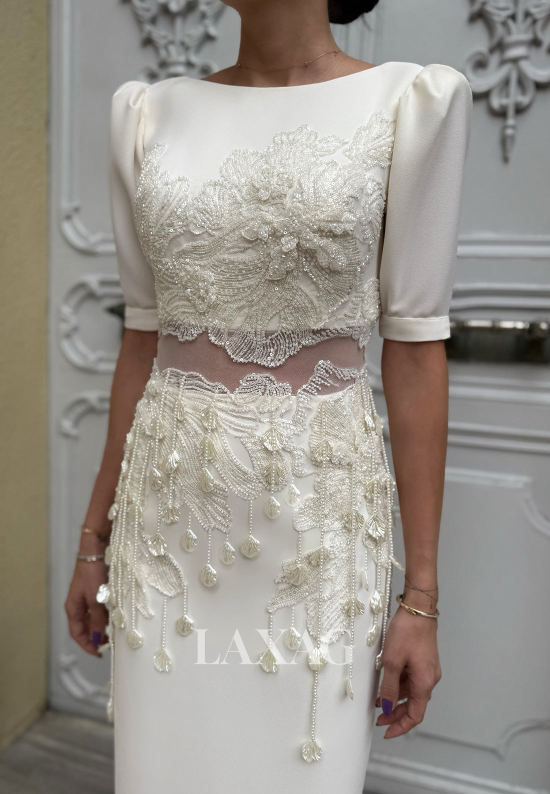 Scoop-Neck Half-Sleeves Ankle-Length Satin Beaded Sequined Applique Mermaid Wedding Dress