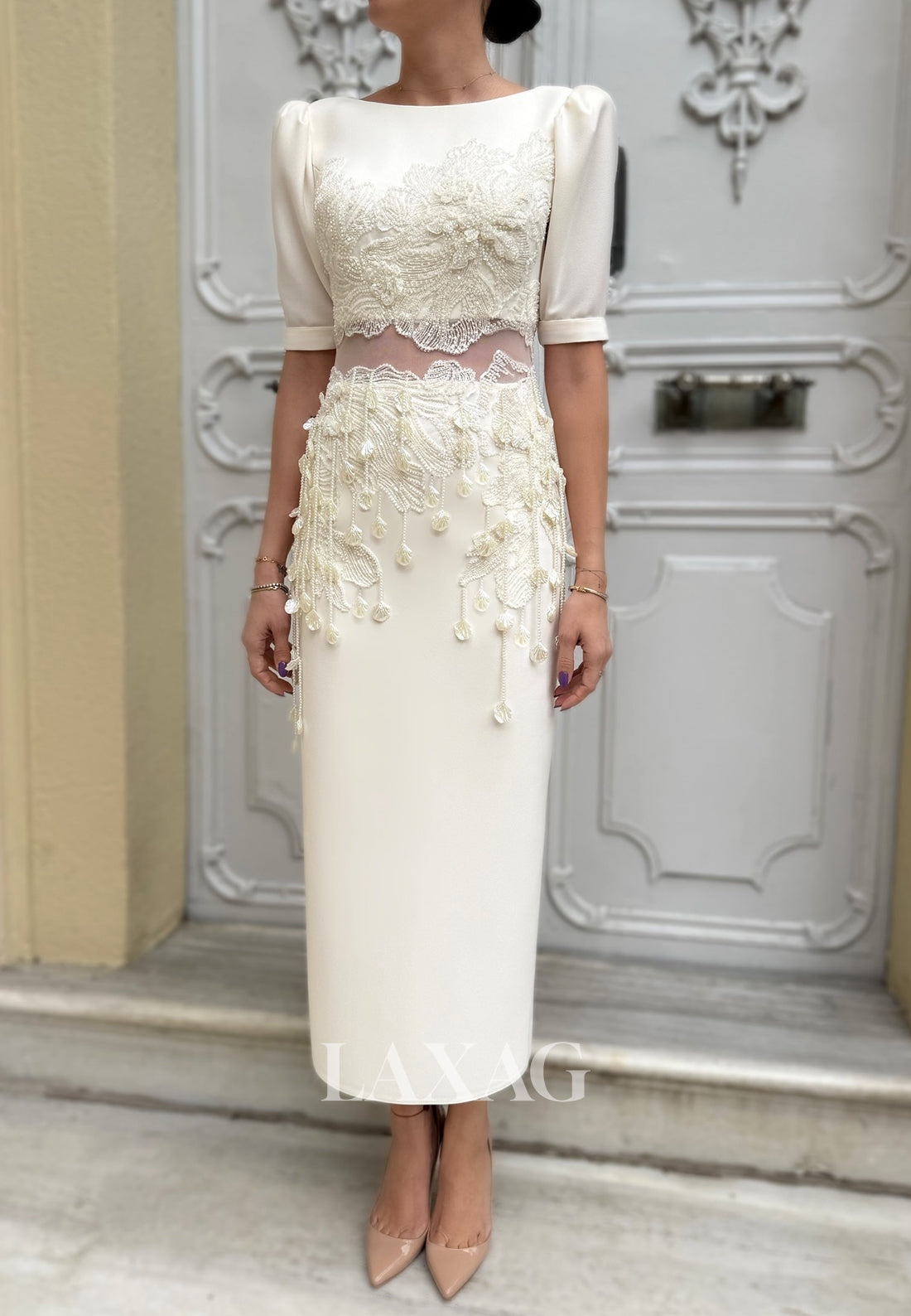 Scoop-Neck Half-Sleeves Ankle-Length Satin Beaded Sequined Applique Mermaid Wedding Dress