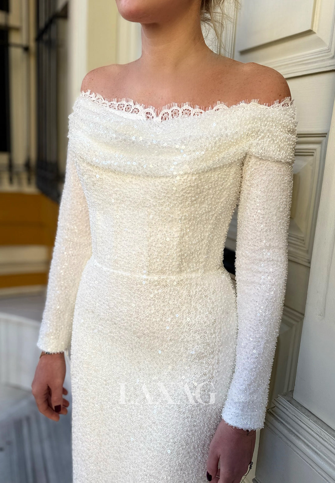 Scoop-Neck Fully Sequined Pleated Mermaid Wedding Dress Long-Sleeves Ankle-Length Bride Gowns