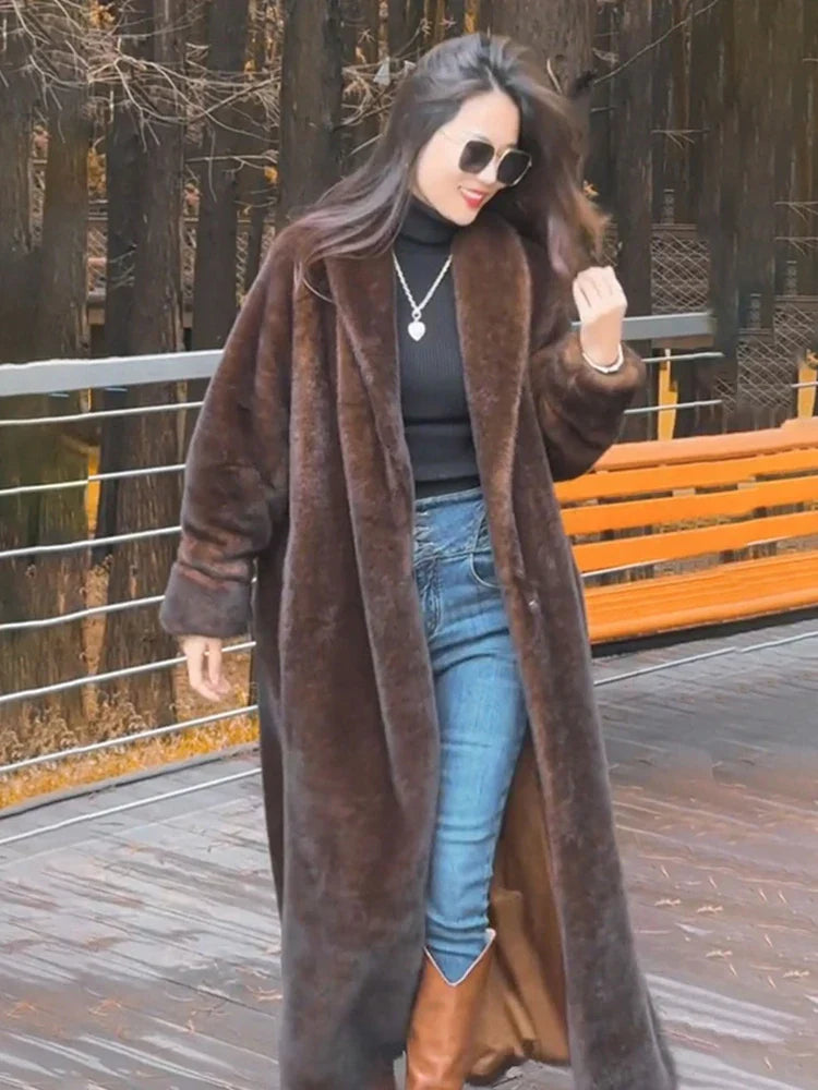 Faux Fur Lapel Plush Imitation Mink Overcoat - Fashionpara