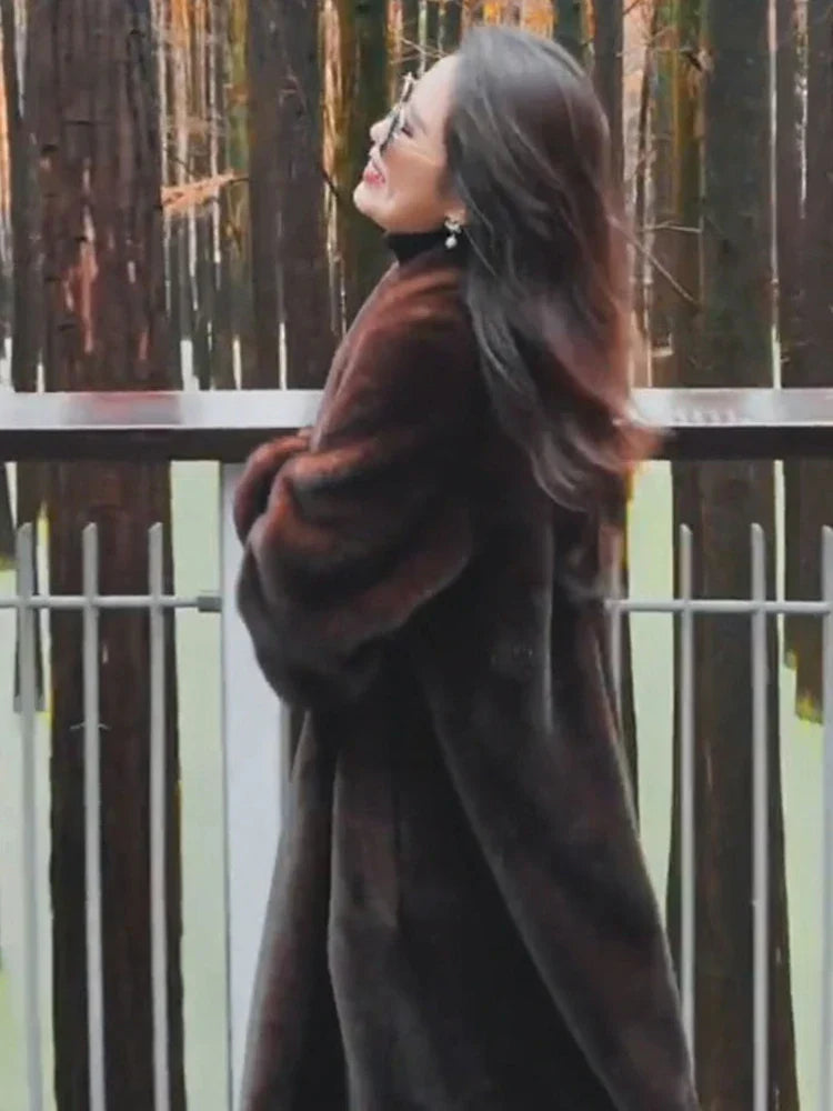 Faux Fur Lapel Plush Imitation Mink Overcoat - Fashionpara