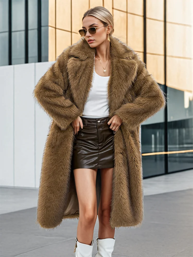 Faux Fur Lapel Loose Long Sleeve Overcoat