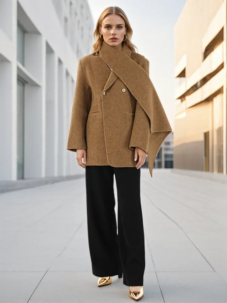 Woolen Scarf Collar Double-Breasted Overcoat - Fashionpara