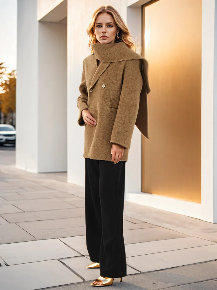 Woolen Scarf Collar Double-Breasted Overcoat - Fashionpara