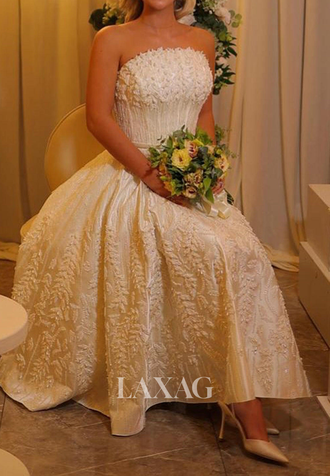 Bateau-Neck Sleeveless Pleated Satin Bride Gowns Beaded Applique Ankle-Length A-Line Wedding Dress