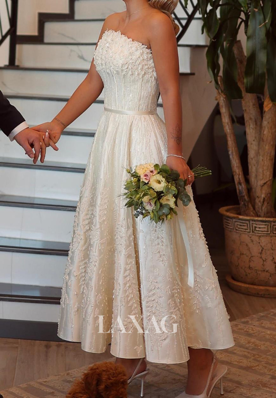 Bateau-Neck Sleeveless Pleated Satin Bride Gowns Beaded Applique Ankle-Length A-Line Wedding Dress