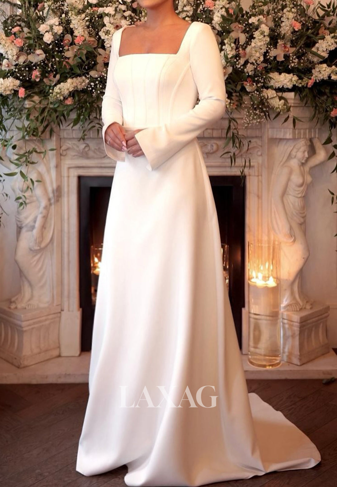 Square-Neck Long-Sleeves A-Line Wedding Dress Simple Satin Sweep Train Bride Gowns