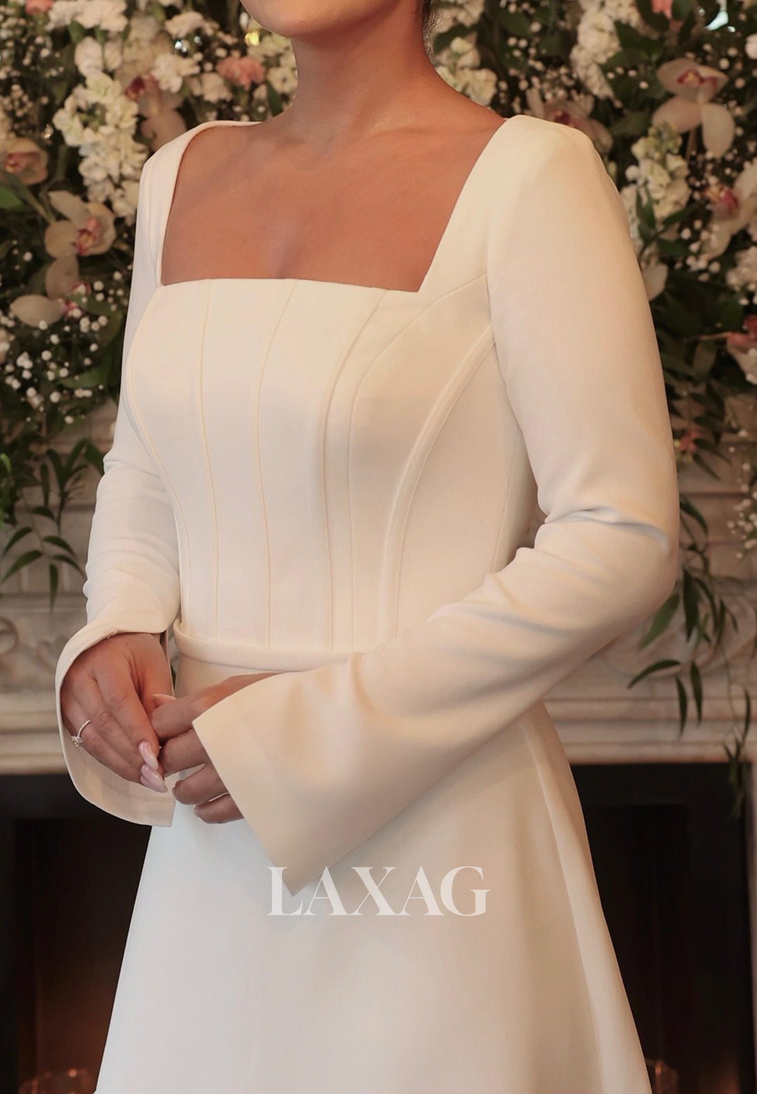 Square-Neck Long-Sleeves A-Line Wedding Dress Simple Satin Sweep Train Bride Gowns