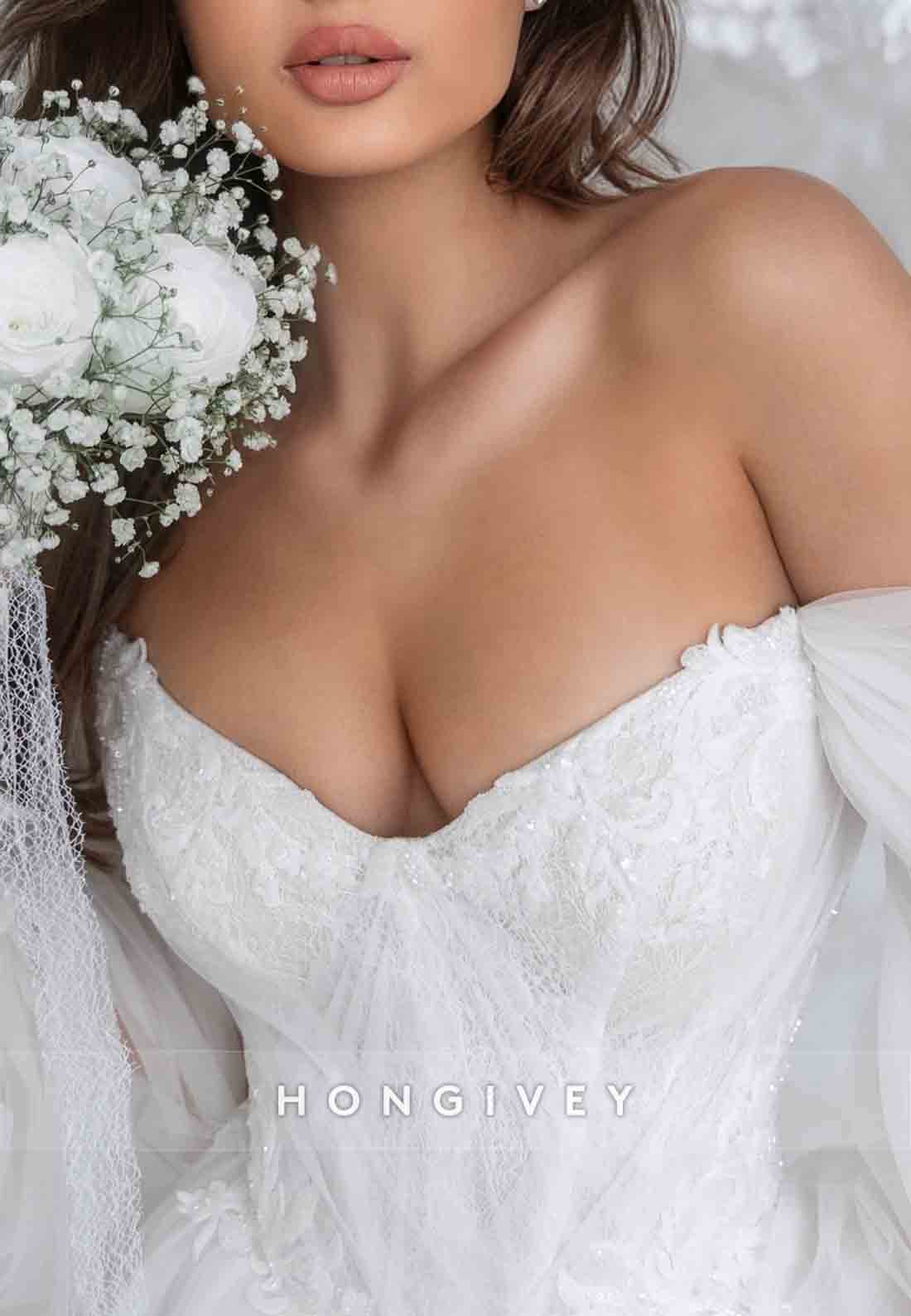 Low V-Neck Off the Shoulder Sweep Train Long Sleeves A-Line Tie Back Wedding Dresses