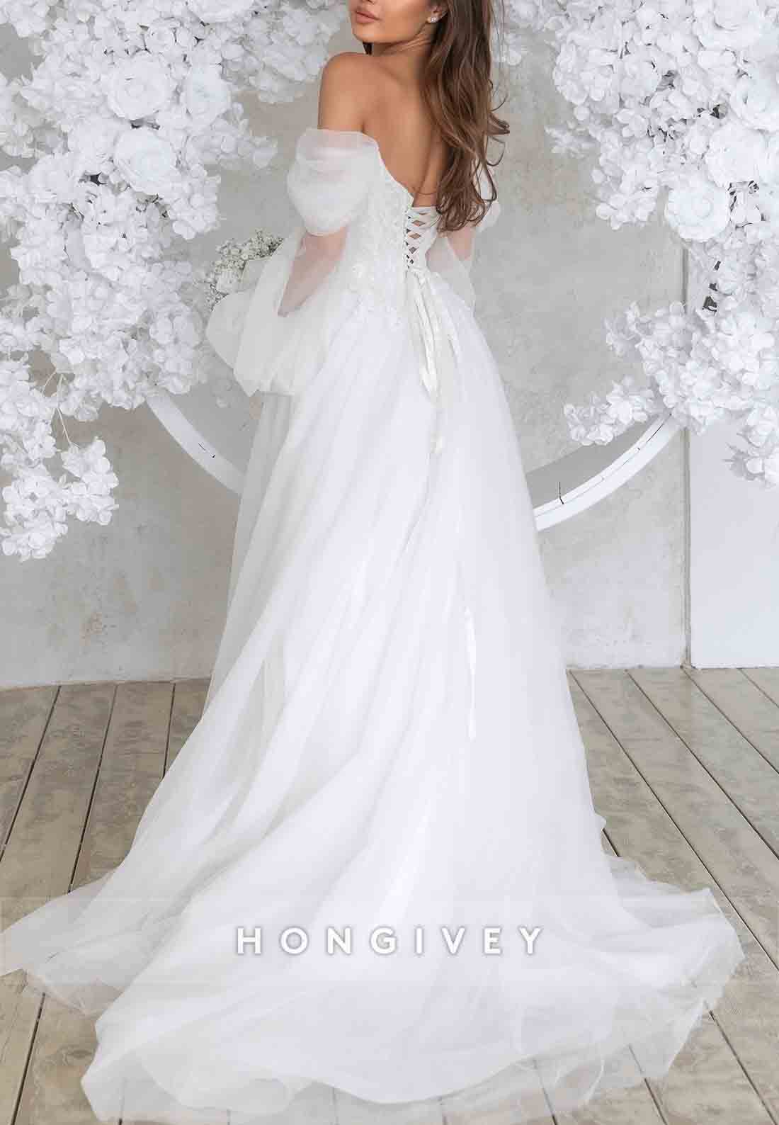 Low V-Neck Off the Shoulder Sweep Train Long Sleeves A-Line Tie Back Wedding Dresses