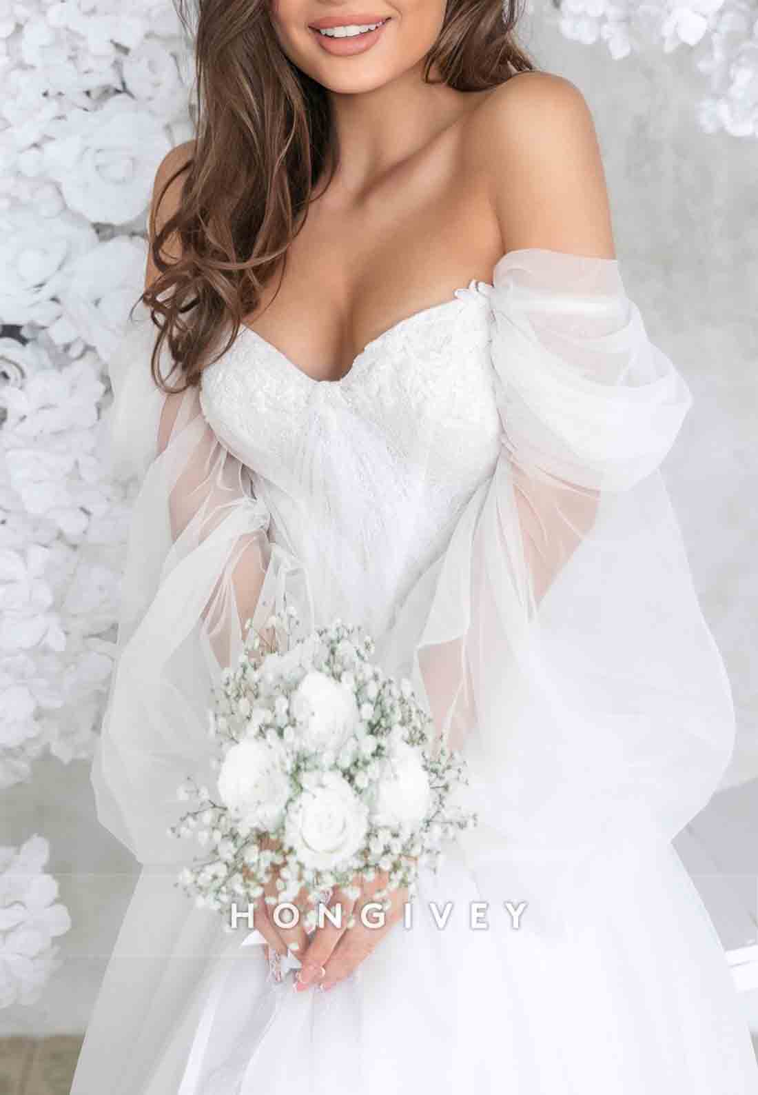 Low V-Neck Off the Shoulder Sweep Train Long Sleeves A-Line Tie Back Wedding Dresses