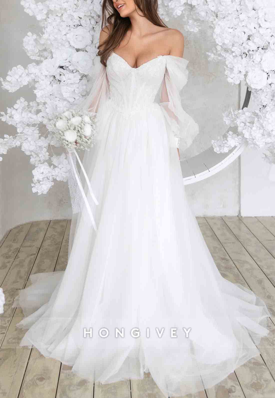 Low V-Neck Off the Shoulder Sweep Train Long Sleeves A-Line Tie Back Wedding Dresses