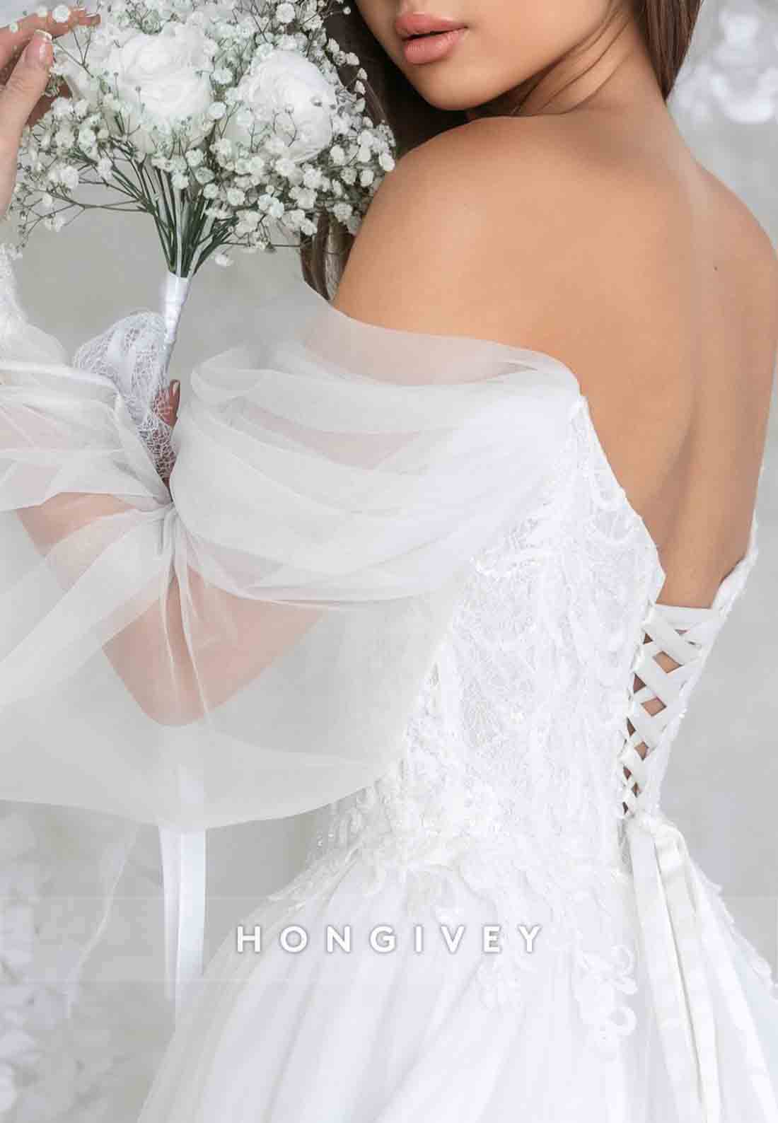 Low V-Neck Off the Shoulder Sweep Train Long Sleeves A-Line Tie Back Wedding Dresses