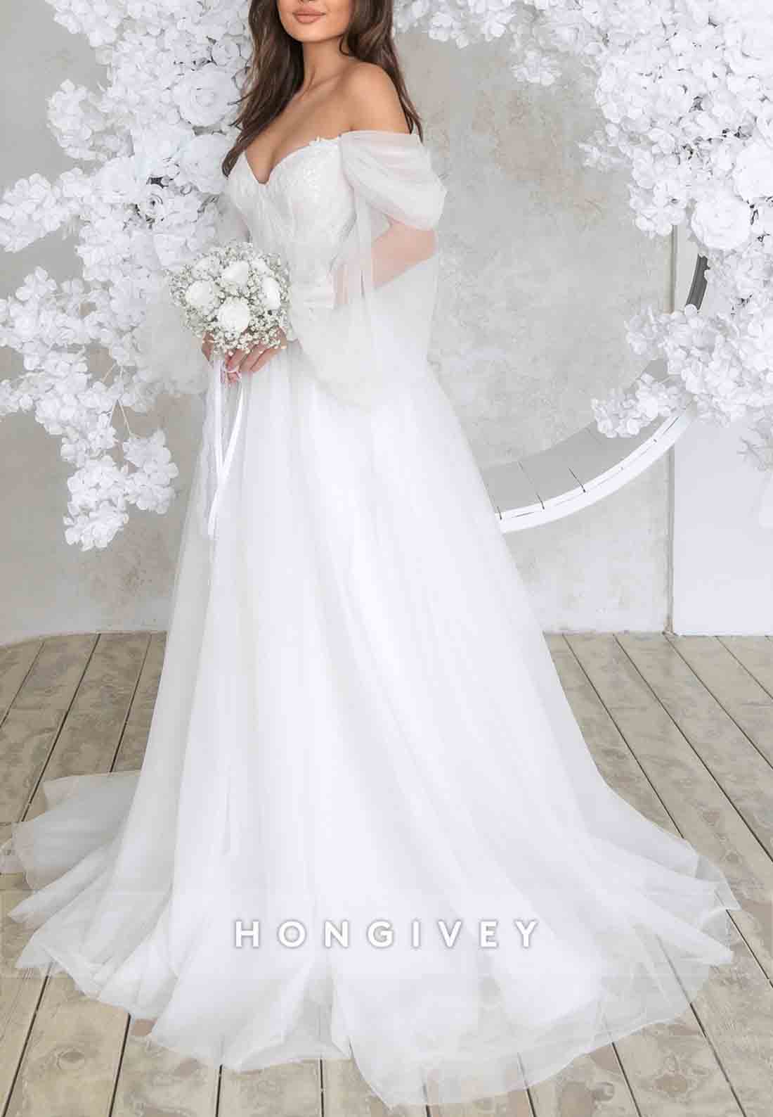 Low V-Neck Off the Shoulder Sweep Train Long Sleeves A-Line Tie Back Wedding Dresses