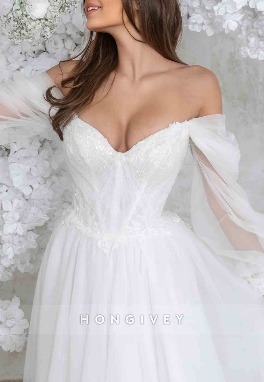Low V-Neck Off the Shoulder Sweep Train Long Sleeves A-Line Tie Back Wedding Dresses