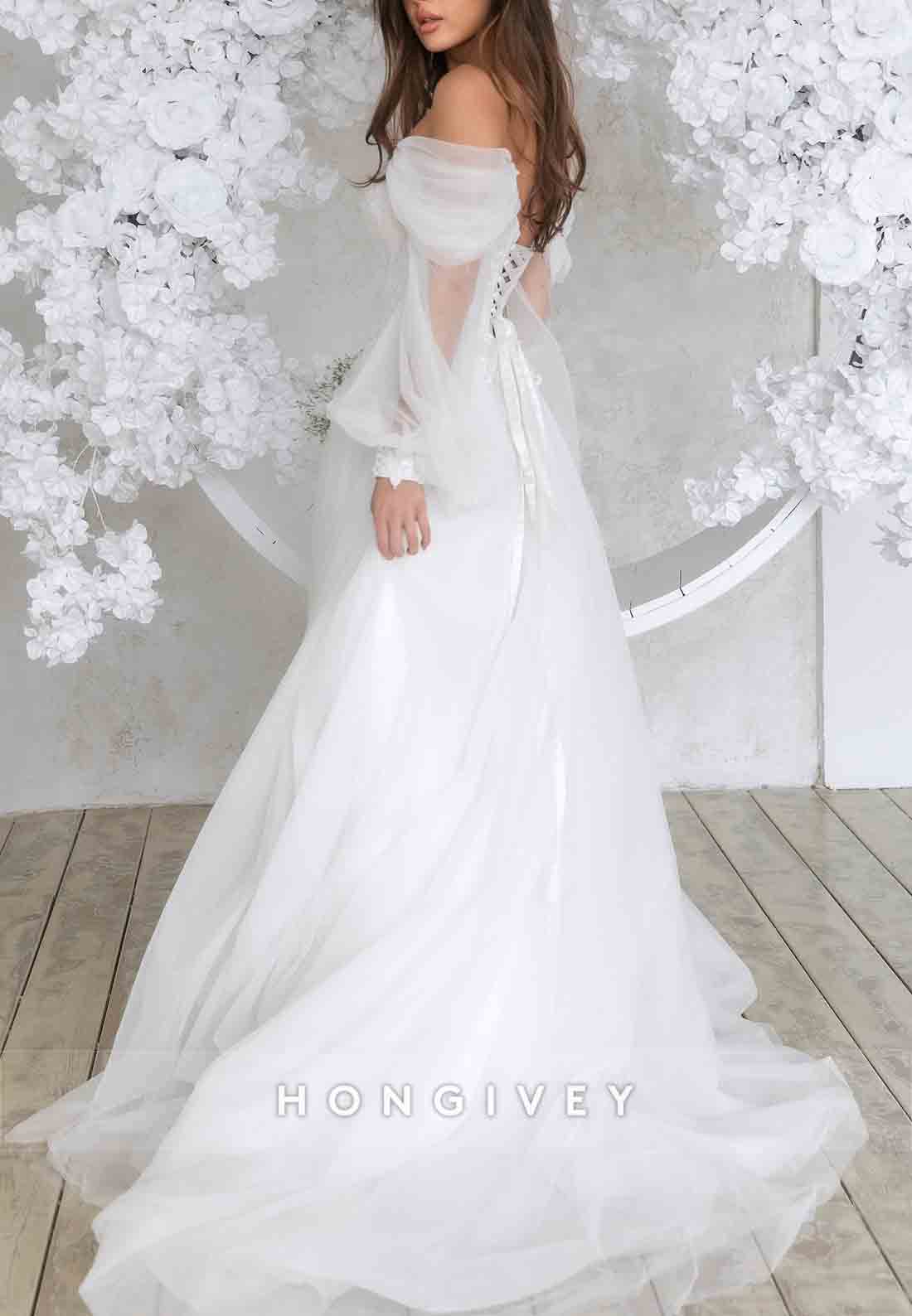 Low V-Neck Off the Shoulder Sweep Train Long Sleeves A-Line Tie Back Wedding Dresses