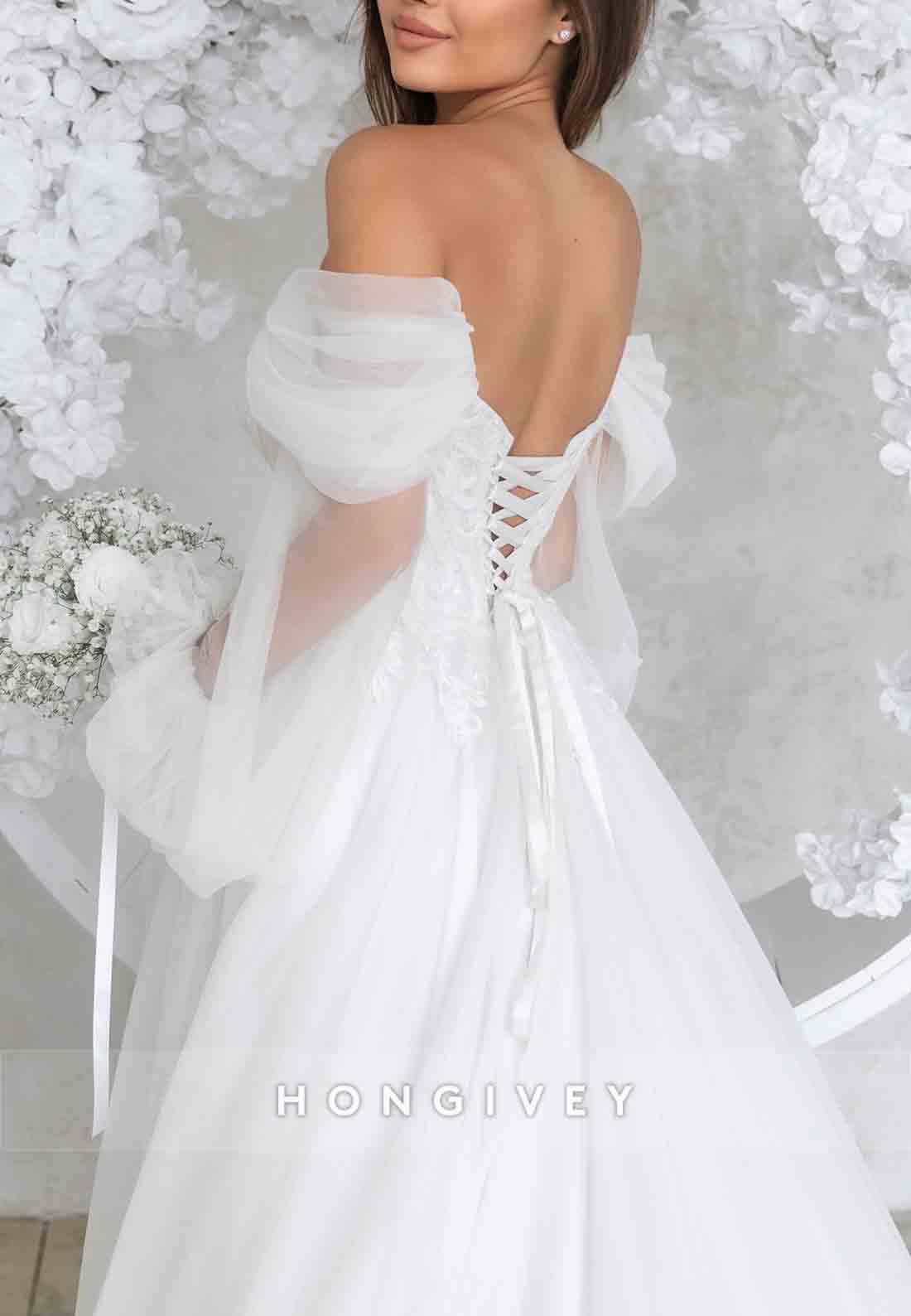 Low V-Neck Off the Shoulder Sweep Train Long Sleeves A-Line Tie Back Wedding Dresses