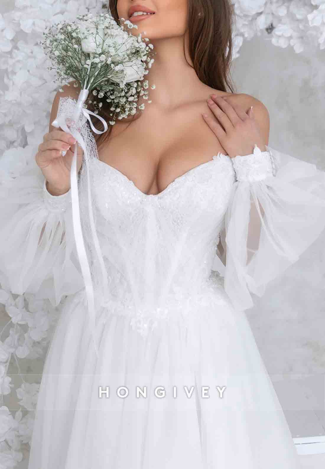 Low V-Neck Off the Shoulder Sweep Train Long Sleeves A-Line Tie Back Wedding Dresses