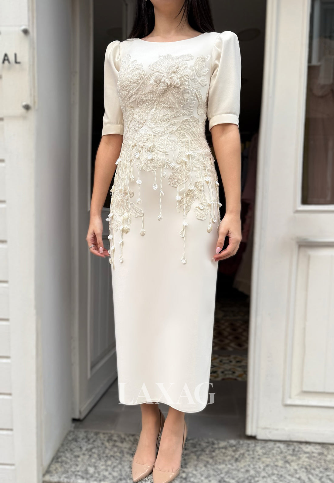 Scoop-Neck Half-Sleeves Mermaid Wedding Dress Beaded Sequined Satin Ankle-Length Bride Gowns