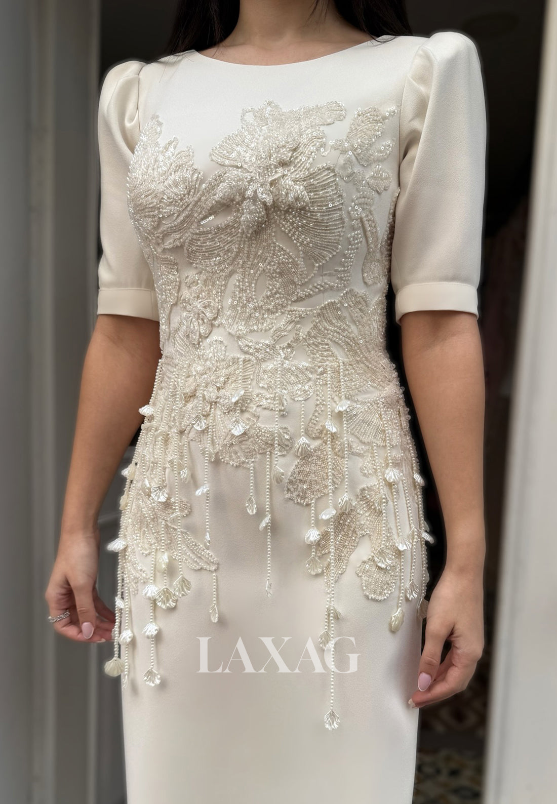 Scoop-Neck Half-Sleeves Mermaid Wedding Dress Beaded Sequined Satin Ankle-Length Bride Gowns