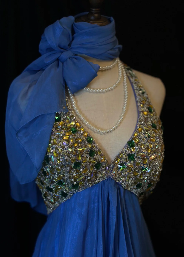 Vintage Blue Halter Beaded A Line Mini Party Dress Homecoming Dress Cocktail Dress S432