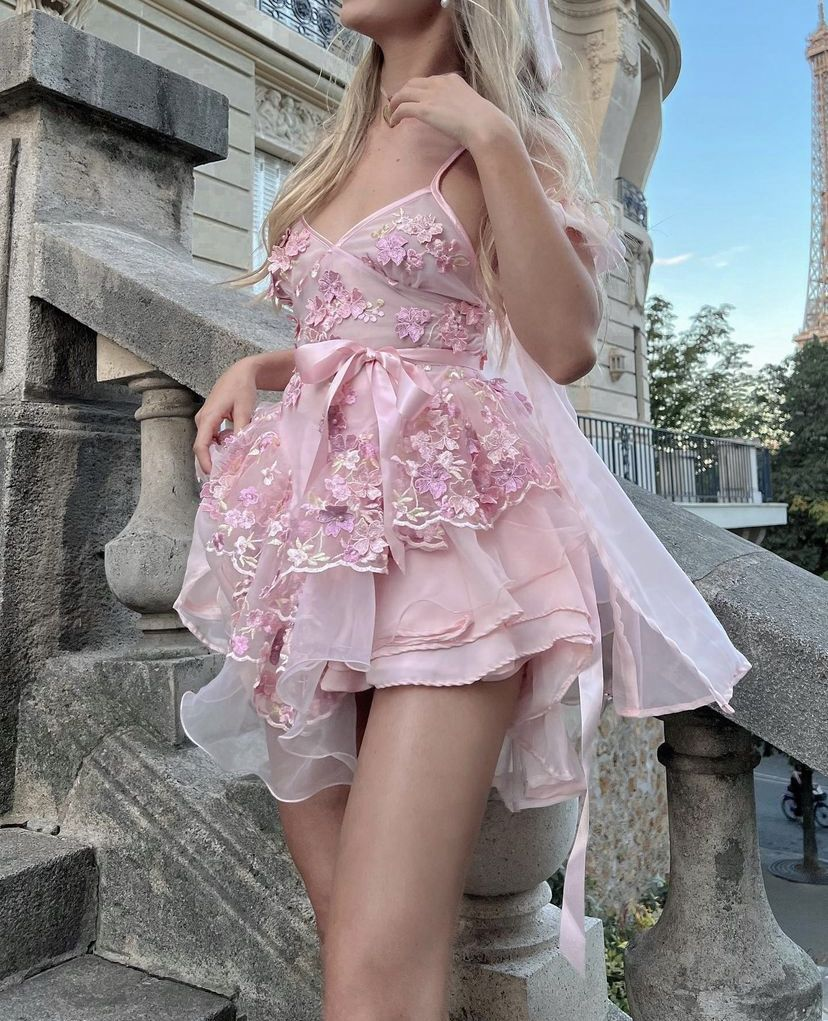 Classy Spaghetti Straps V Neck Pink Lace Appliques Formal Short Homecoming Dress Birthday Outfits D503