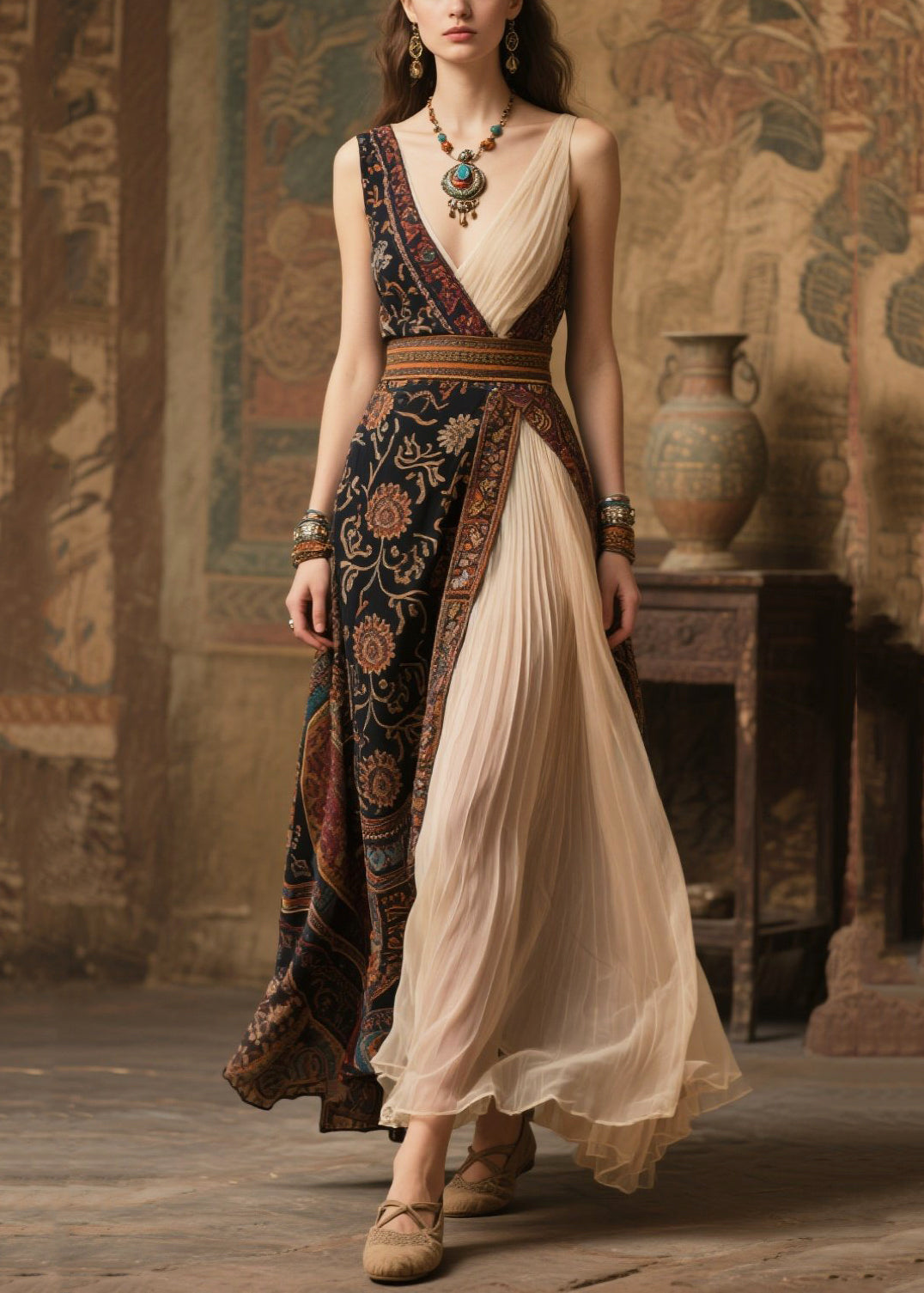 Ethnic Print Patchwork Deep V-Neck Pleated Chiffon Maxi Gown