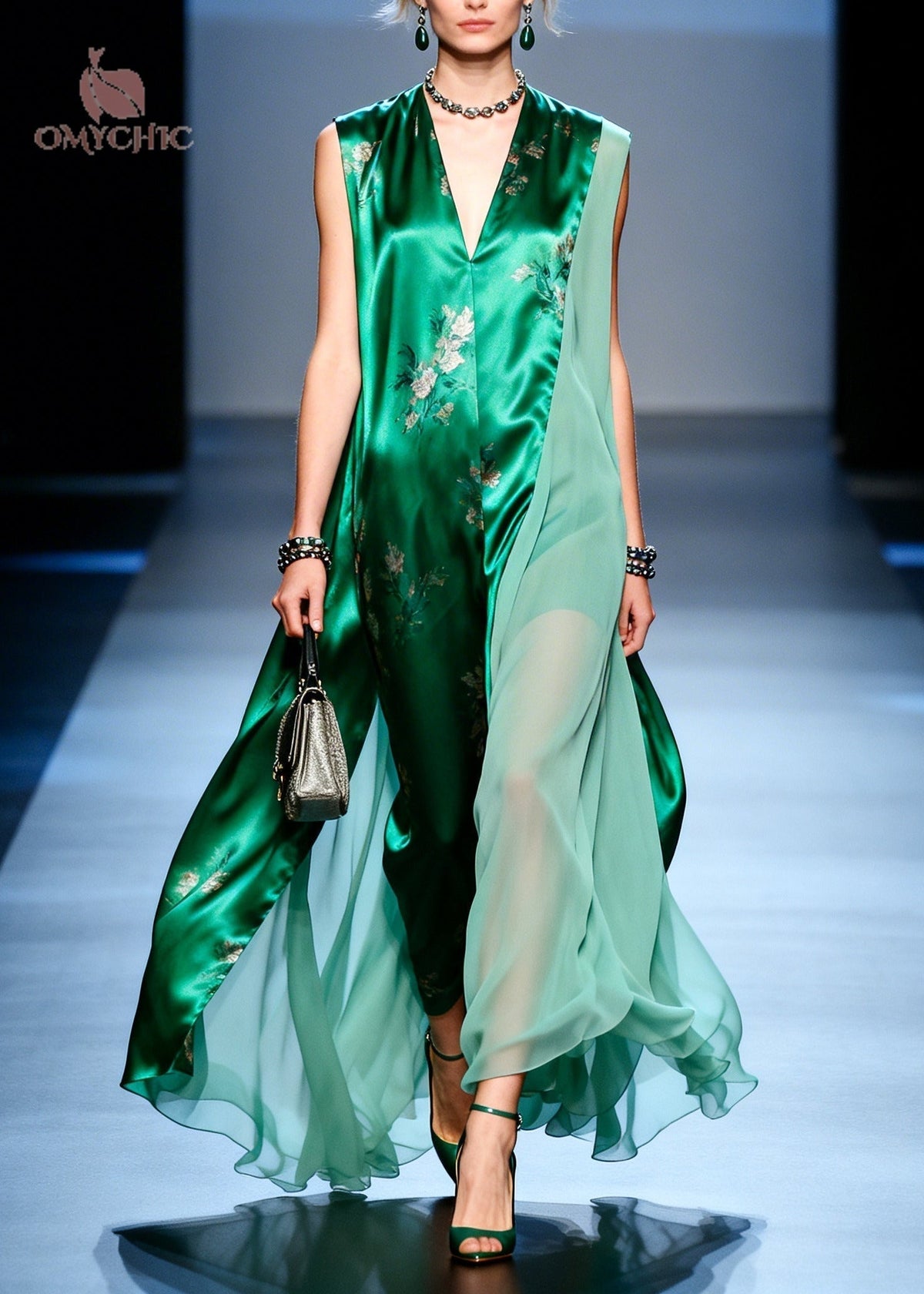 Floral Deep V-Neck Sleeveless Satin Chiffon Drape Maxi Dress